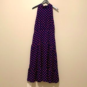 Sam Edelma Navy & Pink polka dot tiered midi dress